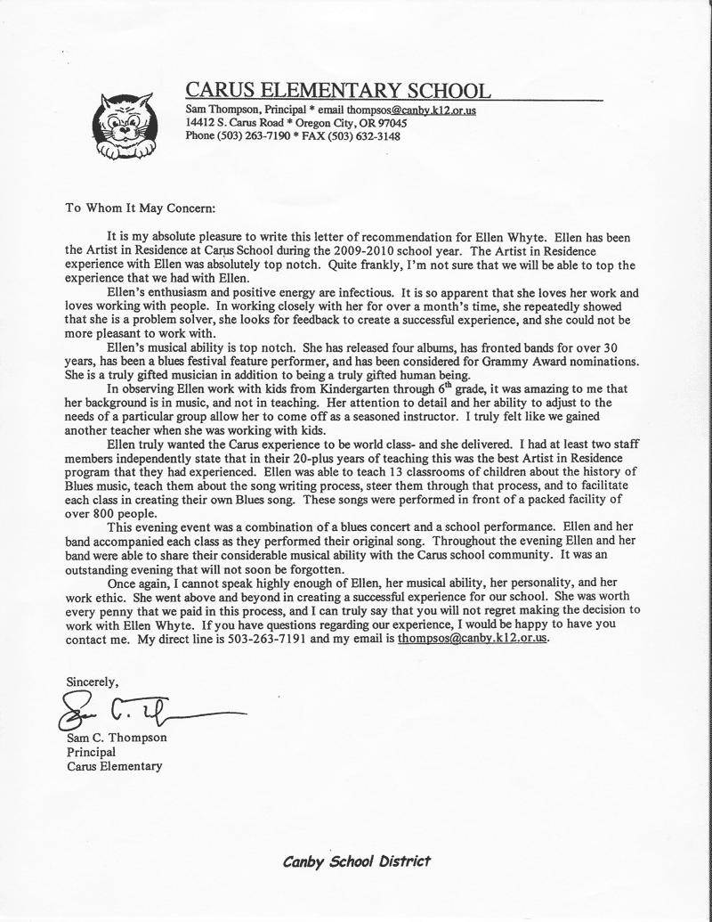 Carus Elemtary School Principal Letter